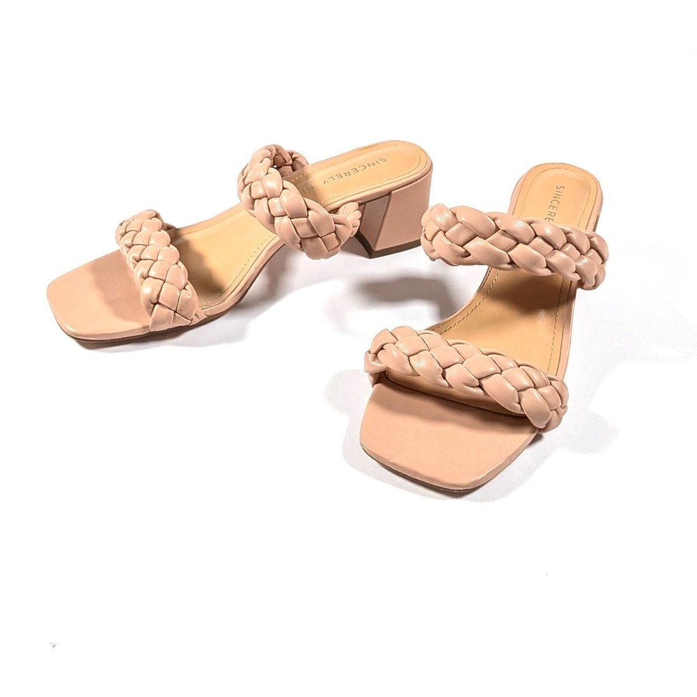 Sincerely Jules Nude Blush Braided Block Heel Sandals Square Toe Mules Size 8.5